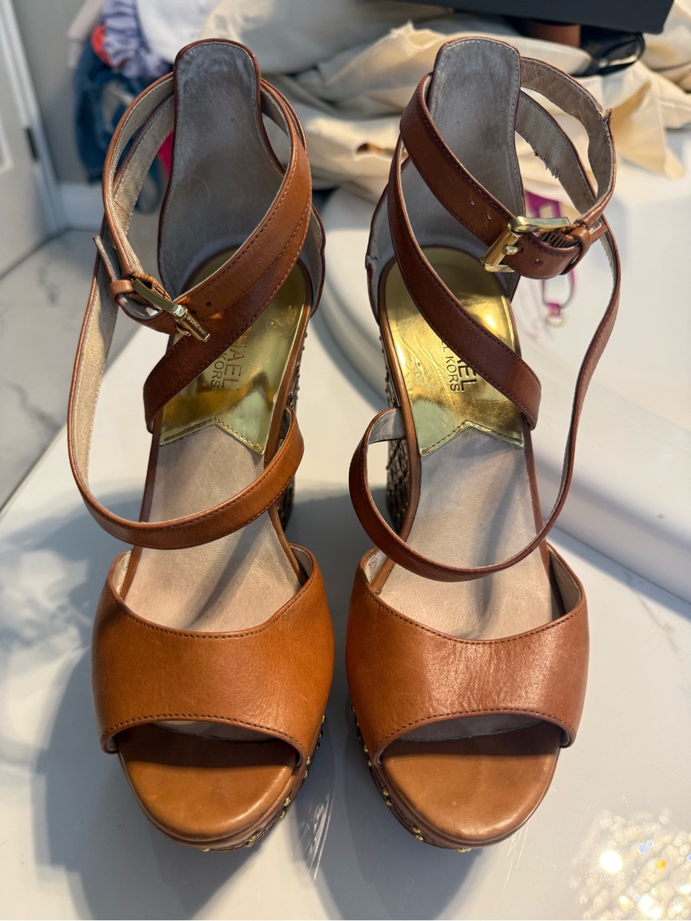 Michael Kors Brown Leather Platform Ankle-Strap Wedges